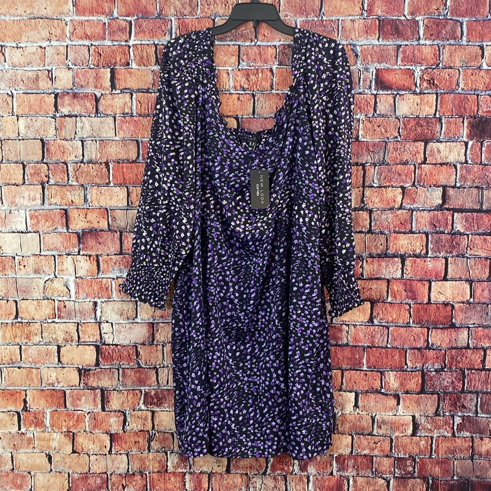 ASOS New Look Curve square neck mini dress in black purple floral